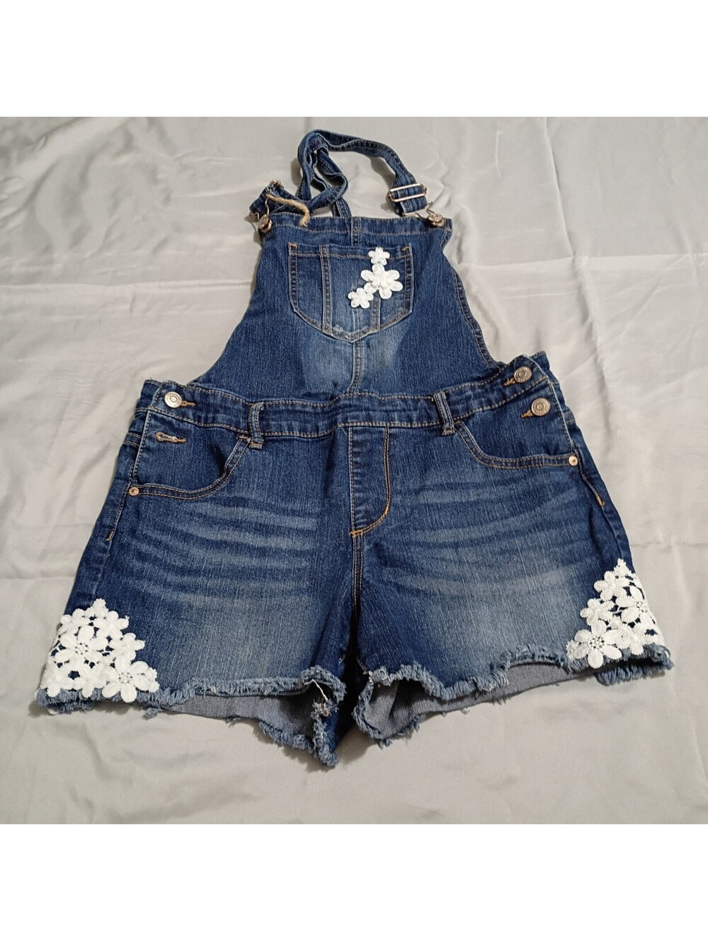 Jordache Women's Denim Shortalls with White Floral Appliques